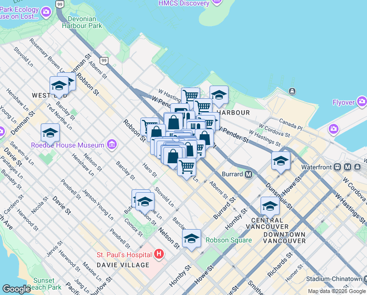 map of restaurants, bars, coffee shops, grocery stores, and more near 1200 West Georgia Street in Vancouver