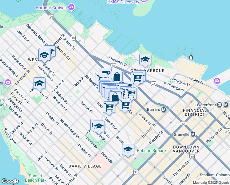 map of restaurants, bars, coffee shops, grocery stores, and more near in Vancouver