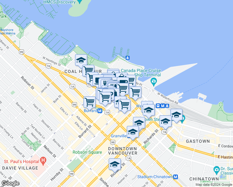 map of restaurants, bars, coffee shops, grocery stores, and more near 407 Burrard Street in Vancouver