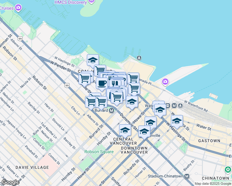 map of restaurants, bars, coffee shops, grocery stores, and more near 1050 West Pender Street in Vancouver