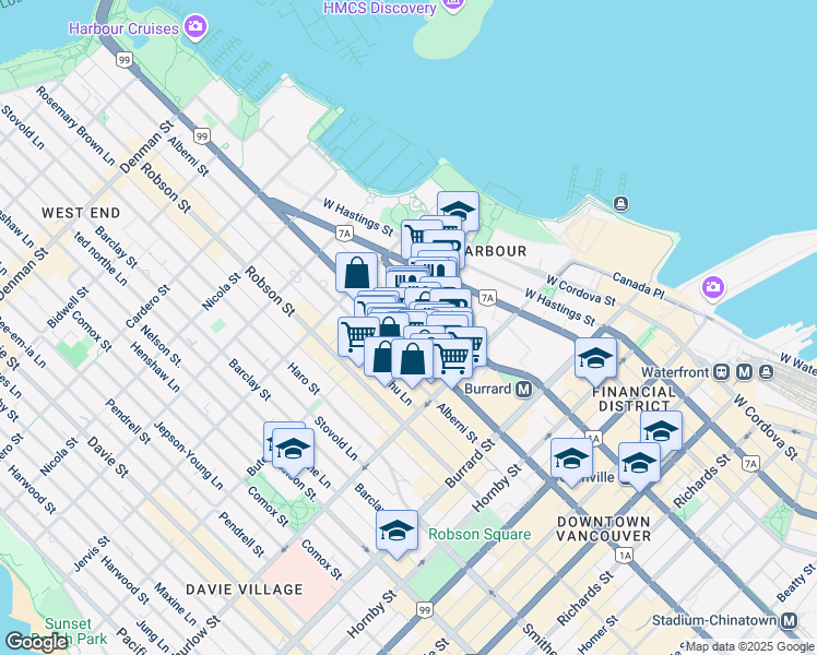 map of restaurants, bars, coffee shops, grocery stores, and more near 1185 West Georgia Street in Vancouver