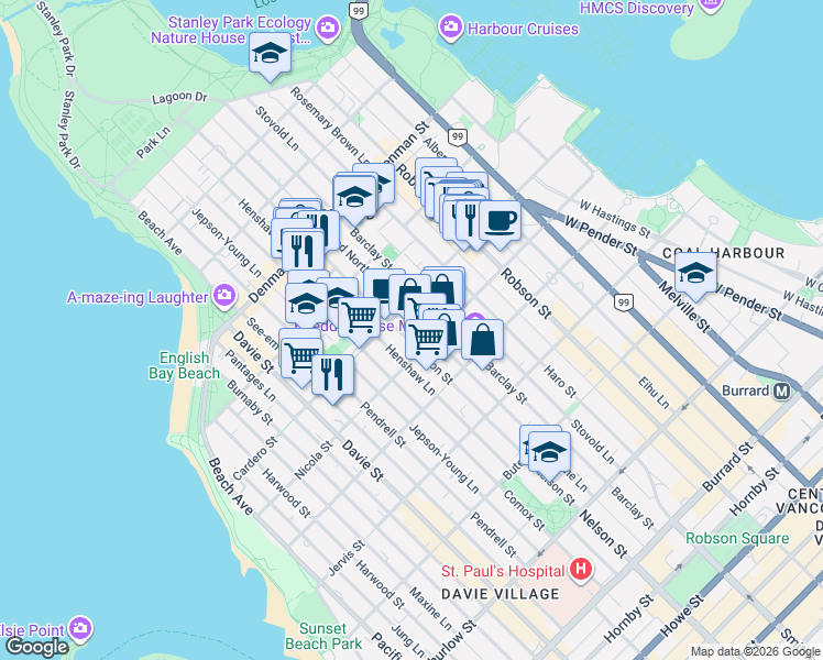 map of restaurants, bars, coffee shops, grocery stores, and more near 1535 Nelson Street in Vancouver