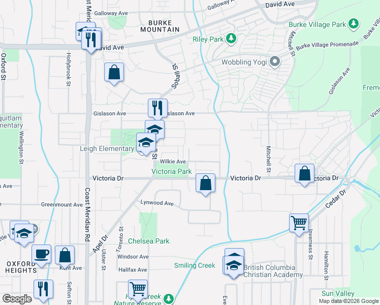 map of restaurants, bars, coffee shops, grocery stores, and more near 1245 Holtby Street in Coquitlam