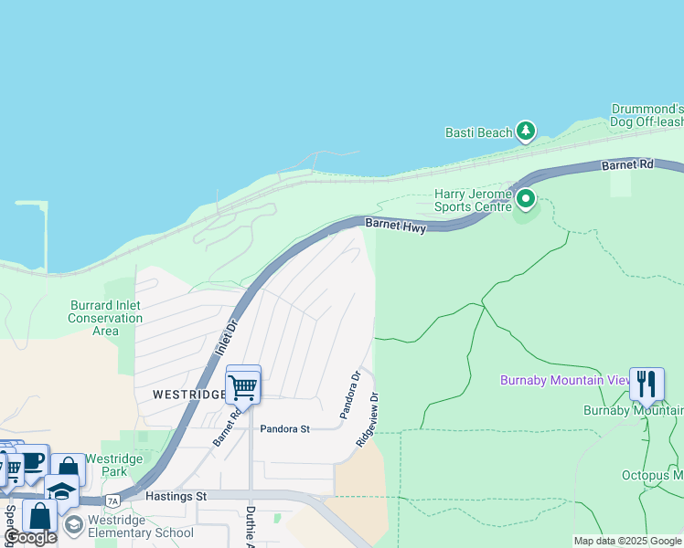 map of restaurants, bars, coffee shops, grocery stores, and more near 7356 Braeside Drive in Burnaby