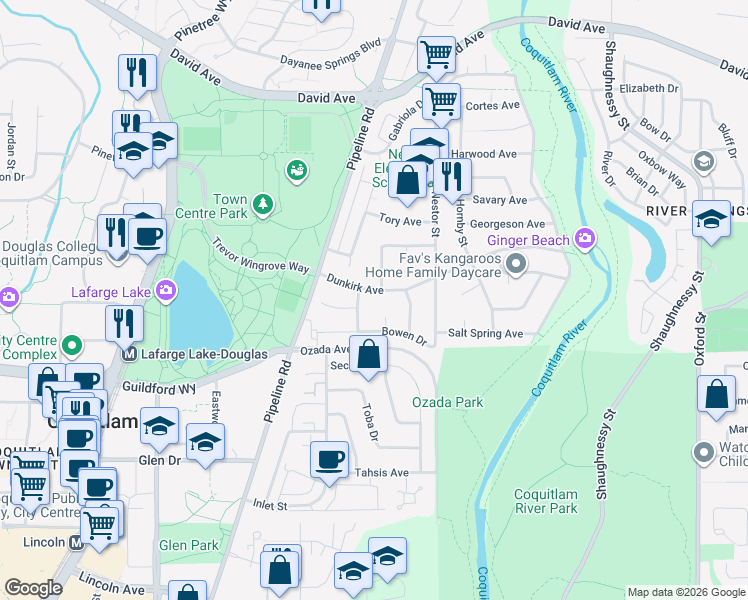 map of restaurants, bars, coffee shops, grocery stores, and more near 3148 Dunkirk Avenue in Coquitlam