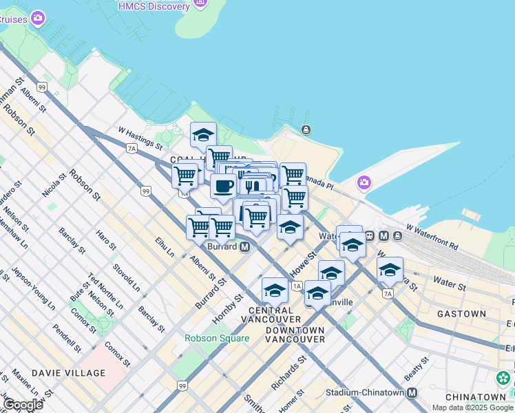 map of restaurants, bars, coffee shops, grocery stores, and more near 1050 West Pender Street in Vancouver