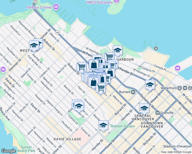 map of restaurants, bars, coffee shops, grocery stores, and more near 1235 Alberni Street in Vancouver