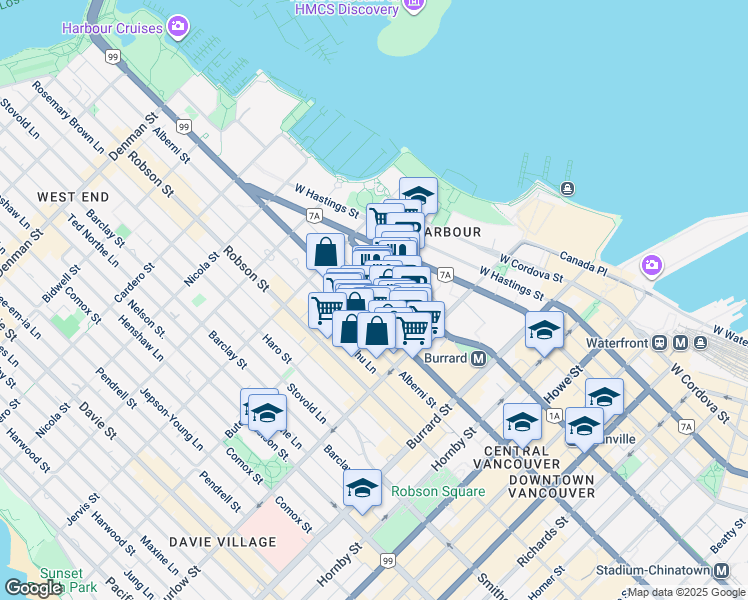 map of restaurants, bars, coffee shops, grocery stores, and more near in Vancouver