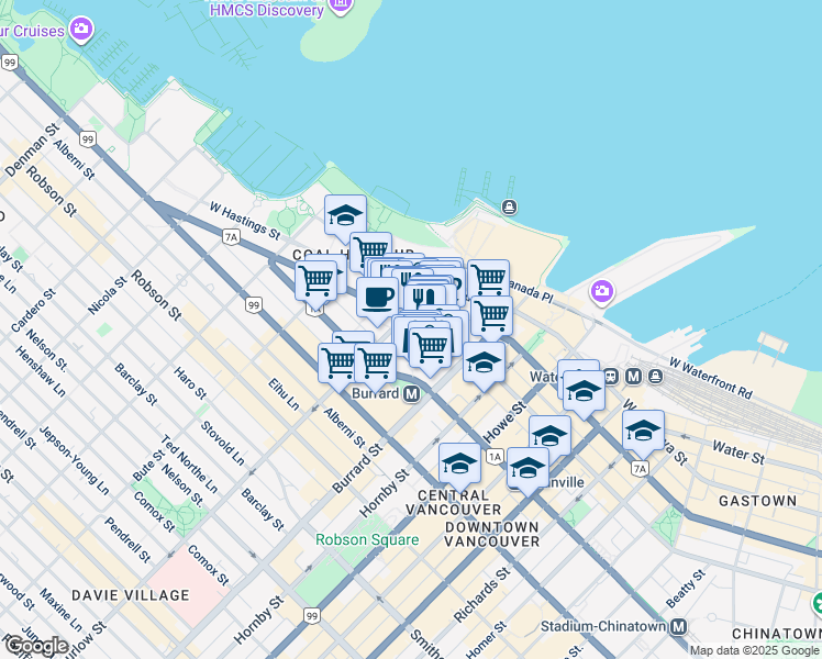 map of restaurants, bars, coffee shops, grocery stores, and more near 1050 West Pender Street in Vancouver