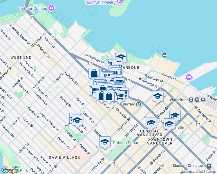 map of restaurants, bars, coffee shops, grocery stores, and more near 1185 West Georgia Street in Vancouver