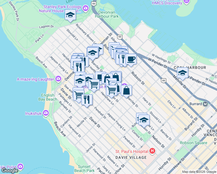 map of restaurants, bars, coffee shops, grocery stores, and more near in Vancouver