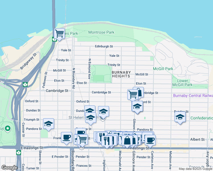map of restaurants, bars, coffee shops, grocery stores, and more near 3900 Eton Street in Burnaby