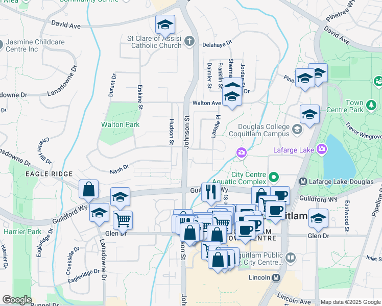 map of restaurants, bars, coffee shops, grocery stores, and more near 1166 Durant Drive in Coquitlam