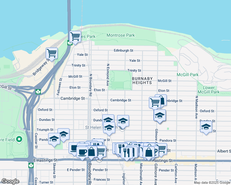 map of restaurants, bars, coffee shops, grocery stores, and more near 3836 Eton Street in Burnaby