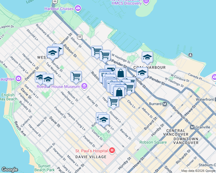 map of restaurants, bars, coffee shops, grocery stores, and more near 1301 Robson Street in Vancouver