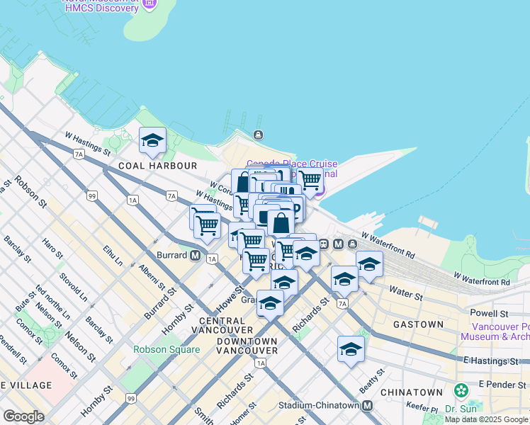 map of restaurants, bars, coffee shops, grocery stores, and more near in Vancouver