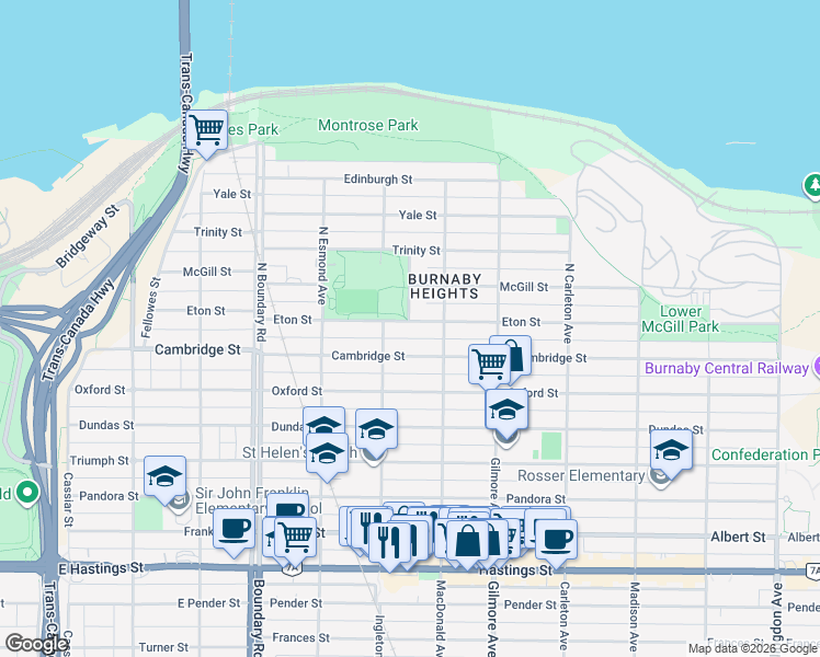 map of restaurants, bars, coffee shops, grocery stores, and more near 3940 Eton Street in Burnaby