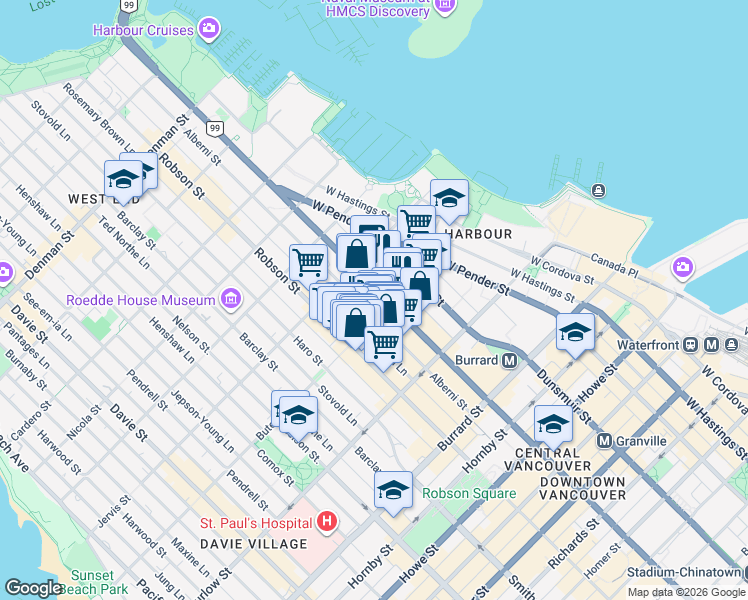 map of restaurants, bars, coffee shops, grocery stores, and more near 1200 West Georgia Street in Vancouver
