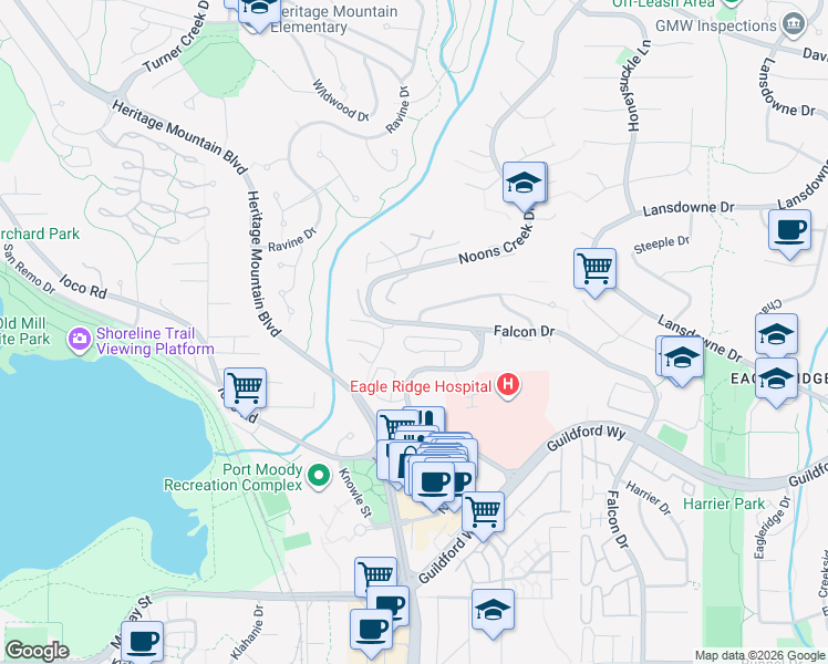 map of restaurants, bars, coffee shops, grocery stores, and more near 743 Appleyard Court in Port Moody