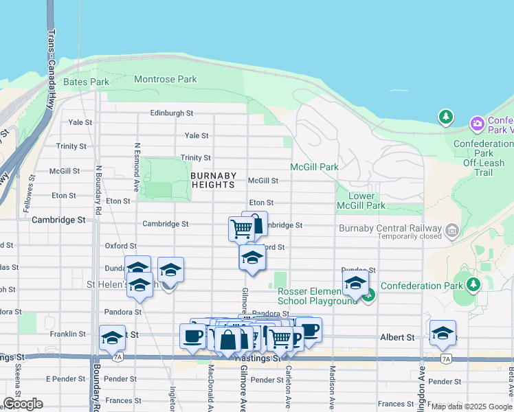 map of restaurants, bars, coffee shops, grocery stores, and more near 4116 Eton Street in Burnaby