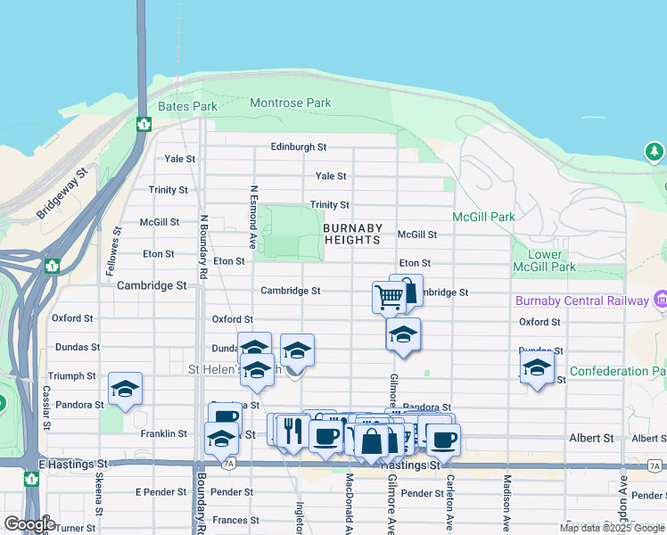 map of restaurants, bars, coffee shops, grocery stores, and more near 3970 Eton Street in Burnaby