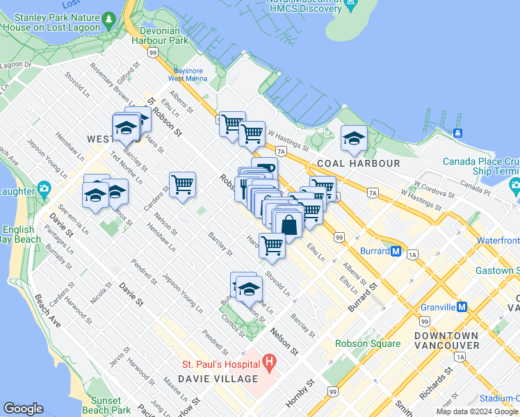 map of restaurants, bars, coffee shops, grocery stores, and more near 1301 Robson Street in Vancouver