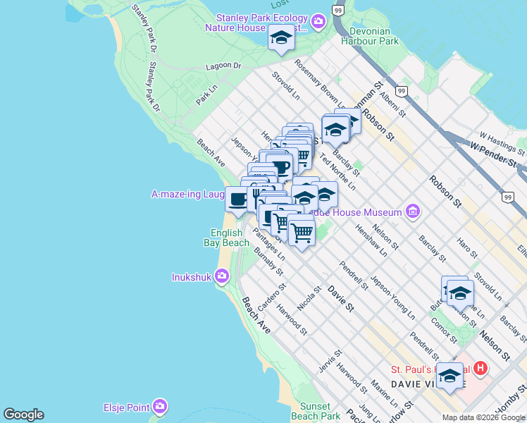 map of restaurants, bars, coffee shops, grocery stores, and more near 1184 Denman Street in Vancouver