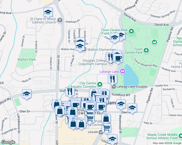 map of restaurants, bars, coffee shops, grocery stores, and more near 1242 Town Centre Boulevard in Coquitlam