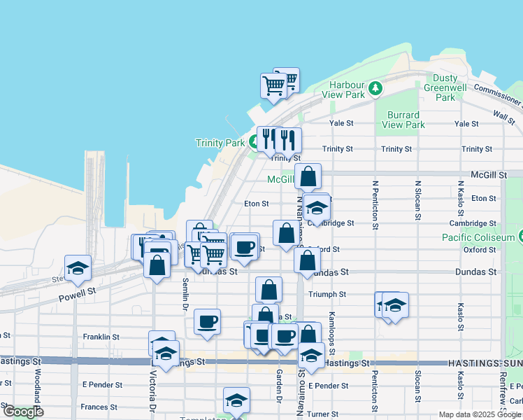 map of restaurants, bars, coffee shops, grocery stores, and more near 2224 Eton Street in Vancouver