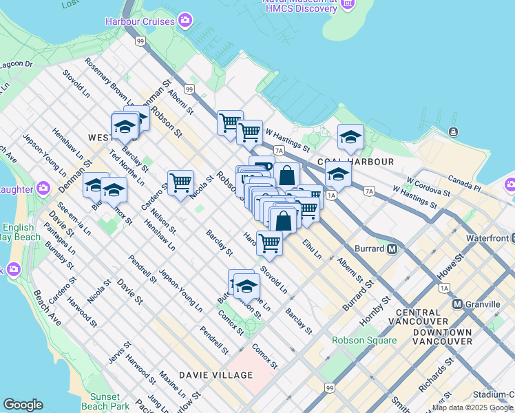 map of restaurants, bars, coffee shops, grocery stores, and more near 1290 Robson Street in Vancouver