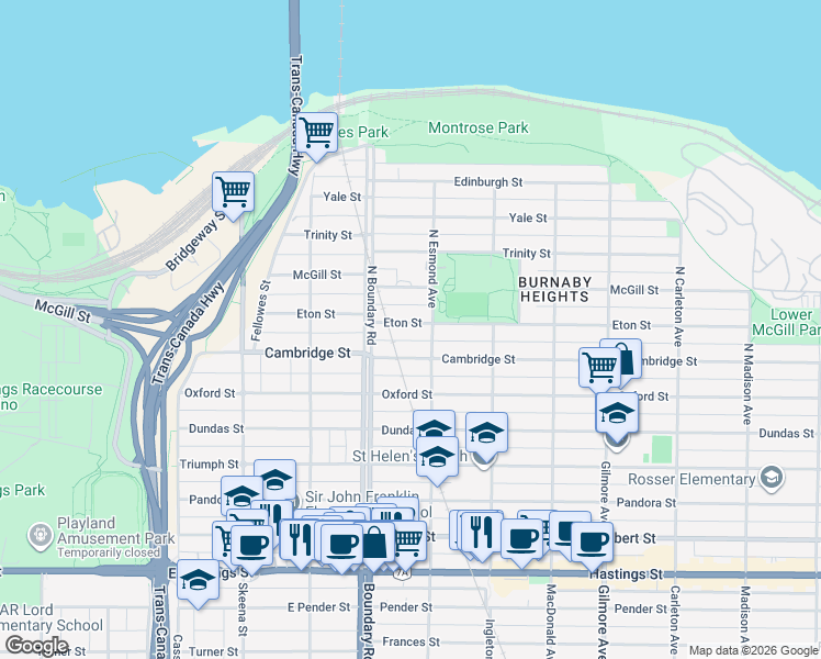 map of restaurants, bars, coffee shops, grocery stores, and more near 3766 Eton Street in Burnaby