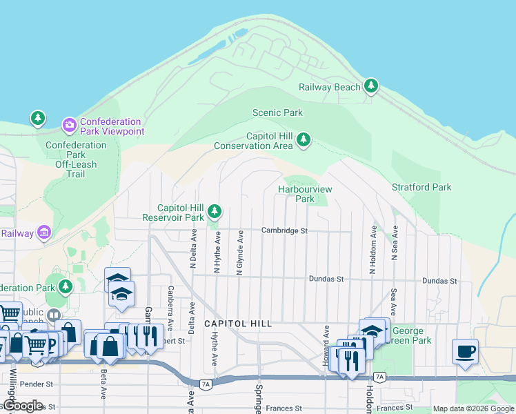 map of restaurants, bars, coffee shops, grocery stores, and more near 291 North Springer Avenue in Burnaby