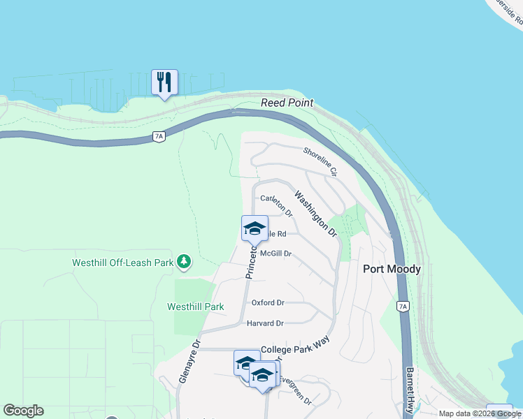 map of restaurants, bars, coffee shops, grocery stores, and more near 605 Waterloo Drive in Port Moody