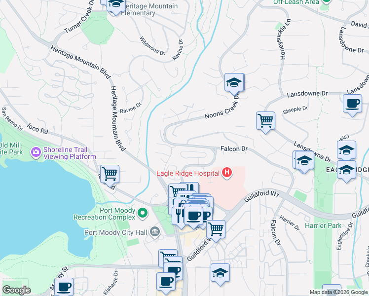 map of restaurants, bars, coffee shops, grocery stores, and more near 743 Appleyard Court in Port Moody
