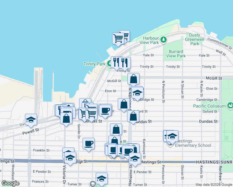 map of restaurants, bars, coffee shops, grocery stores, and more near in Vancouver