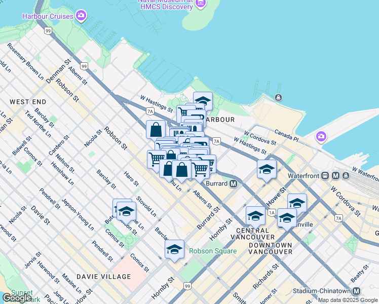 map of restaurants, bars, coffee shops, grocery stores, and more near in Vancouver