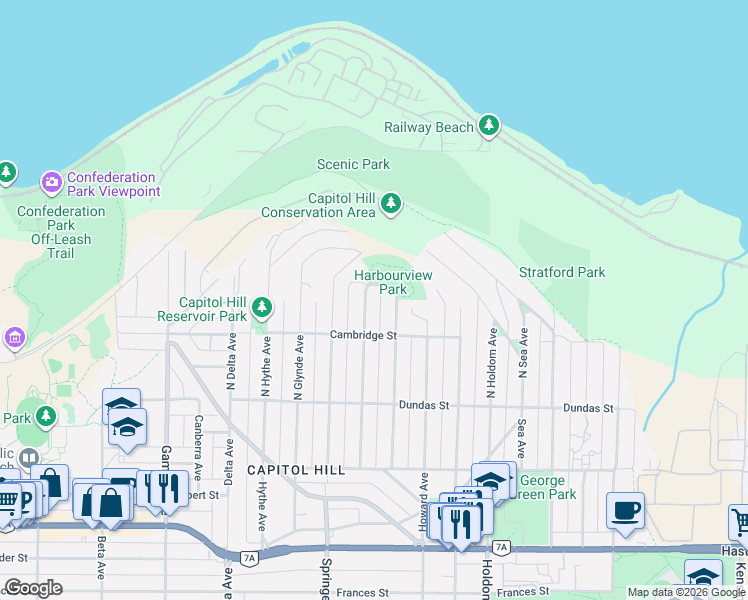 map of restaurants, bars, coffee shops, grocery stores, and more near 376 North Ranelagh Avenue in Burnaby