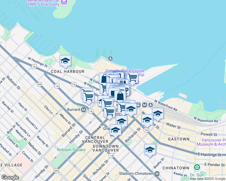map of restaurants, bars, coffee shops, grocery stores, and more near 999 West Hastings Street in Vancouver