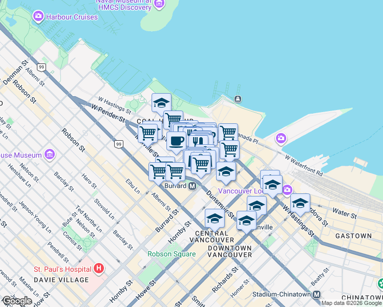 map of restaurants, bars, coffee shops, grocery stores, and more near 1050 West Pender Street in Vancouver