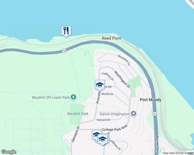 map of restaurants, bars, coffee shops, grocery stores, and more near 412 Princeton Avenue in Port Moody