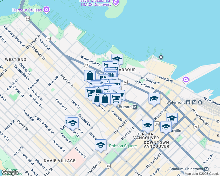 map of restaurants, bars, coffee shops, grocery stores, and more near 1166 Melville Street in Vancouver