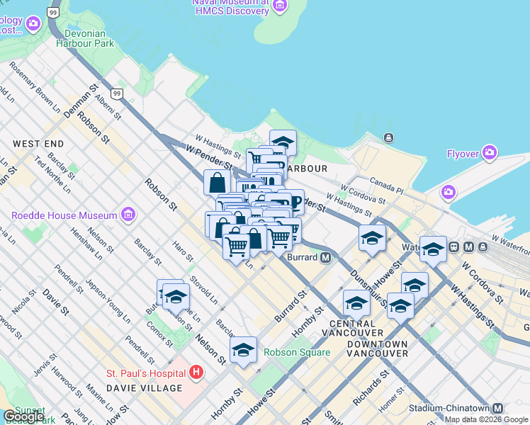map of restaurants, bars, coffee shops, grocery stores, and more near 1166 Melville Street in Vancouver