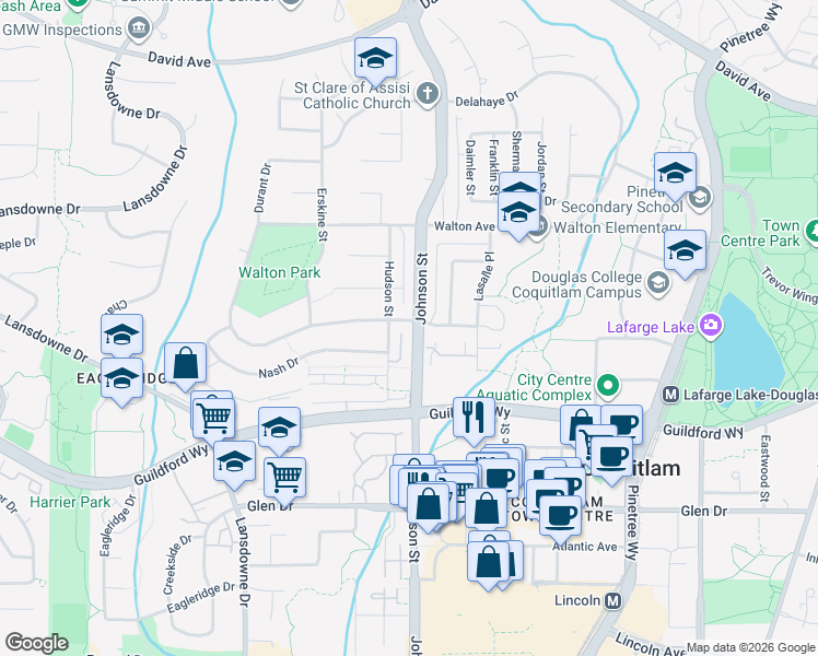 map of restaurants, bars, coffee shops, grocery stores, and more near 1232 Johnson Street in Coquitlam