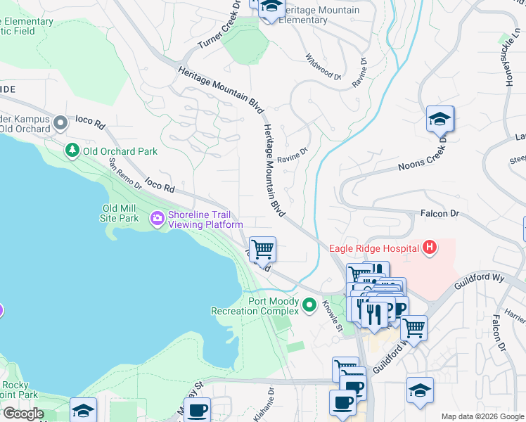 map of restaurants, bars, coffee shops, grocery stores, and more near 358 Pleasant Street Lane in Port Moody