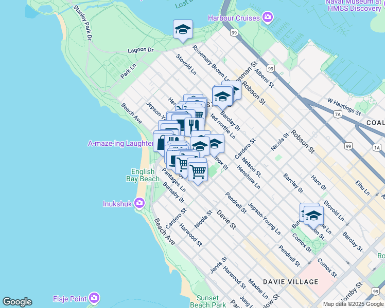 map of restaurants, bars, coffee shops, grocery stores, and more near 1725 Pendrell Street in Vancouver