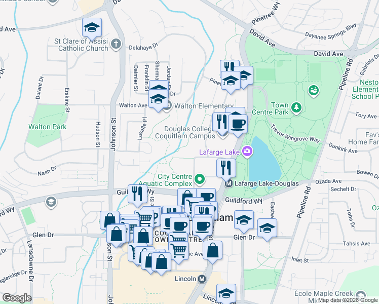 map of restaurants, bars, coffee shops, grocery stores, and more near 1242 Town Centre Boulevard in Coquitlam