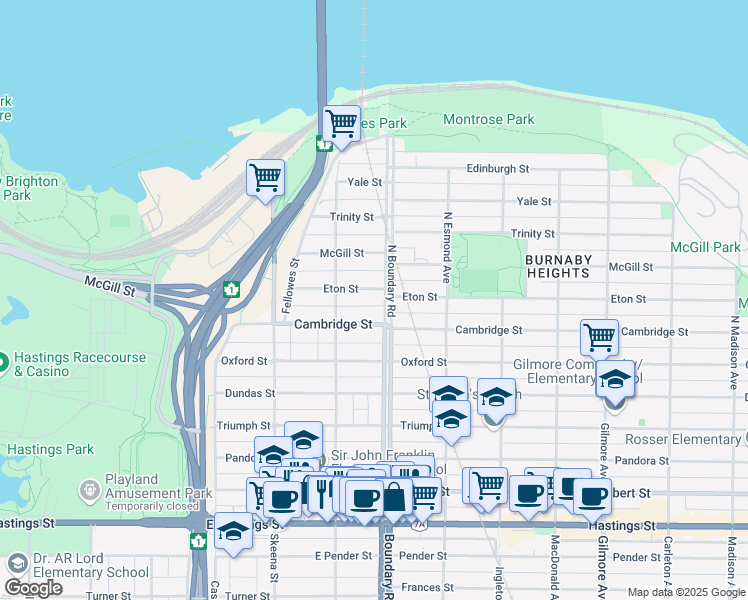 map of restaurants, bars, coffee shops, grocery stores, and more near 3674 Eton Street in Vancouver