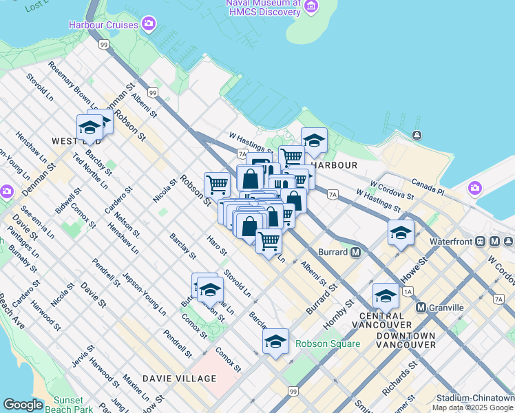 map of restaurants, bars, coffee shops, grocery stores, and more near in Vancouver