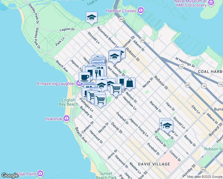 map of restaurants, bars, coffee shops, grocery stores, and more near in Vancouver
