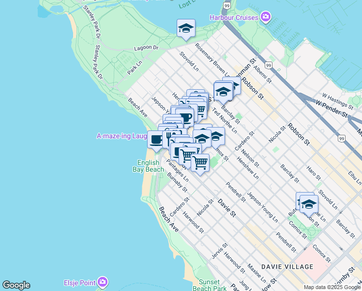 map of restaurants, bars, coffee shops, grocery stores, and more near 1762 Pendrell Street in Vancouver